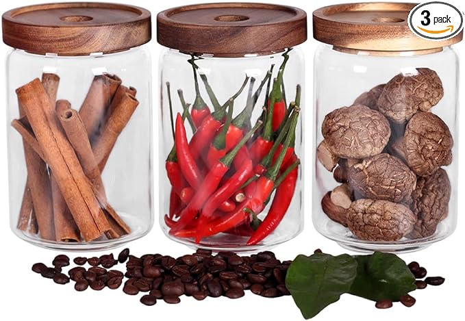SAIOOL Glass Jars, Food Storage Containers with Airtight Acacia Lids, 20FL OZ(600ml) Glass Canisters Set-3, Clear Containers Suit for Storing Tea, Coffee, Flour, Candy, Cookie, Rice, Sugar, Pasta
