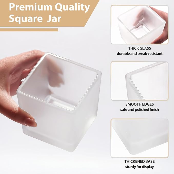 CONNOO 12 Pack 9 OZ Frosted Square Candle Jars for Making Candles, Thick Glass Bulk Empty Candle Containers with Airtight Bamboo Lids for Candle Making, Sticky Warning Labels - Dishwasher Safe