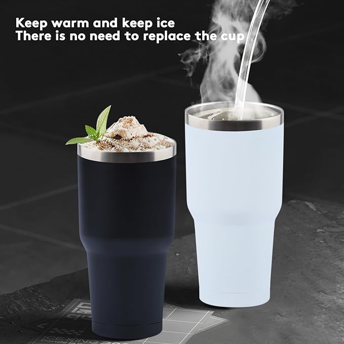 30oz Insulated Tumbler with Lids and Straw, Stainless Steel Travel Coffee Tumbler,Powder Coated Travel Mug (White)