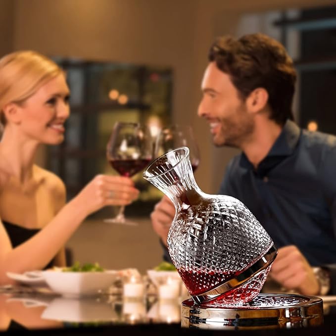 Wine Decanter Set - Spinning Crystal Red Wine Carafes Decanter, Jarler 1.5L Rotating Hand Blown Crystal Glass Wine decanter Aerator Quick Wake Up，Father Day Wine Gift for Wine Lover