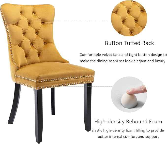 Velvet Dining Chairs Set of 4, Upholstered Dining Room Chairs with Back Ring Pull Trim and Solid Wood Legs,Tufted Wingback Kitchen Chair Perfect for Dining Room,Living Room,Kitchen(Gold)