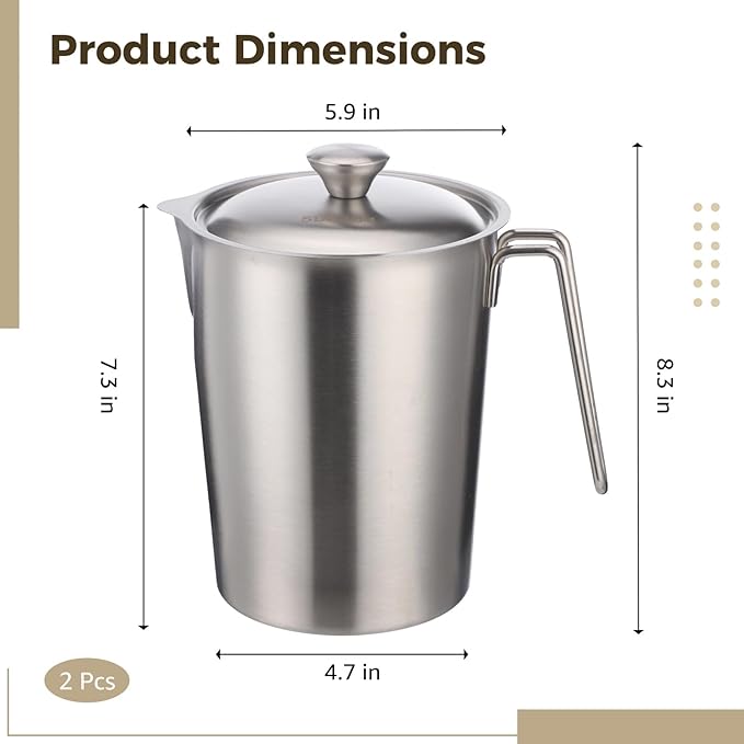 2 Pcs Stainless Steel Measuring Cup with Lids, 67.6 oz Wide Mouth 304 Kitchen Pitcher with Scale and Handle for Baking, Milk Frothing, Latte Art, Hot/cold Water
