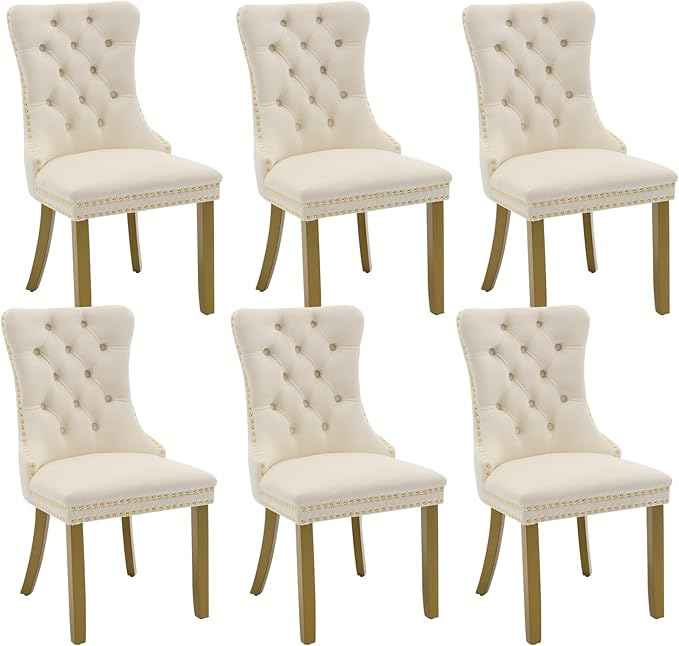 Velvet Dining Chairs Set of 6, Kitchen & Dining Room Chairs, Upholstered Dining Chairs with Back Ring Pull and Golden Solid Wood Legs, Modern Tufted Kitchen Chairs for Dining Room, Cream