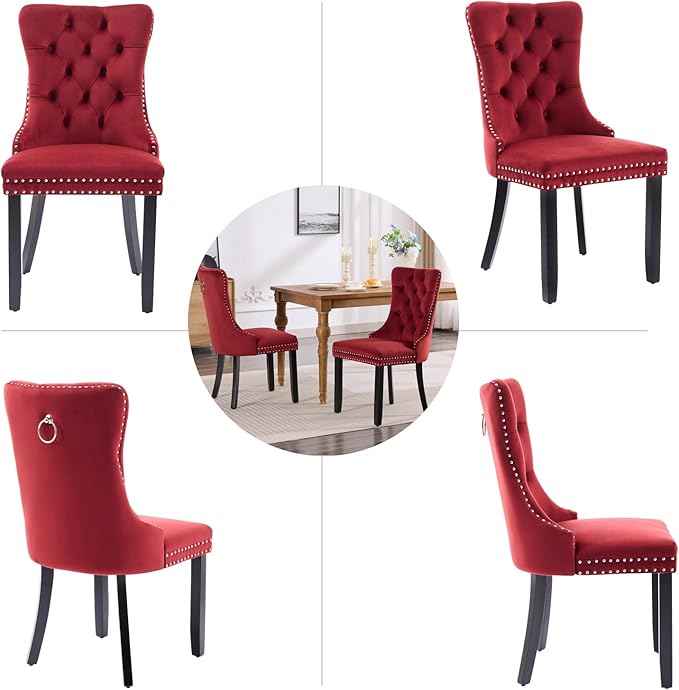 Velvet Dining Chairs Set of 2, Upholstered Dining Room Chairs with Back Ring Pull Trim and Solid Wood Legs,Tufted Wingback Kitchen Chairs for Dining Room,Kitchen(Wine Red)
