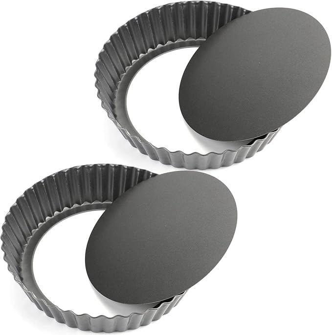 Tosnail 2 Pack Deep Tart Pan, 9.5" x 2" Quiche Pie Pan with Removable Loose Bottom, Fluted Baking Pan