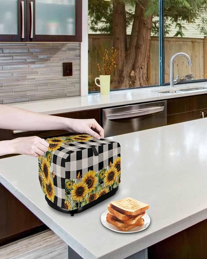 Sunflower Checkered Toaster Cover 2 Slice, Black Buffalo Plaid Dustproof Bakeware Oven Protector with Top Hook, Pastoral Flowers Waterproof Small Kitchen Appliance Toasters Dust Cover, 12"x7.5"x8"