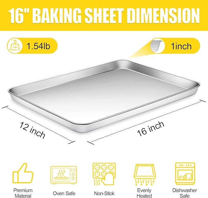 Terlulu Baking Sheet, Cookie Sheet, Stainless Steel Baking Pan, 2 Piece-16''x 12'' x 1'', Sheet Pan for Oven, Jelly Roll Pan, Baking Tray for Baking&Roasting, Nonstick&Nontoxic&Easy Clean