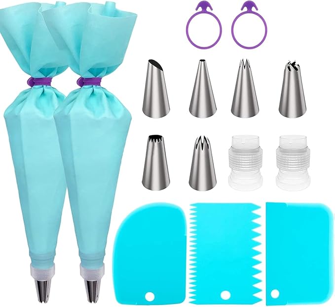 Piping Bags and Tips Set, 16" Reusable Piping Bags, Frosting Piping Kit for Baking with Pastry Bags and Tips, Standard Converters, Silicone Rings, Cake