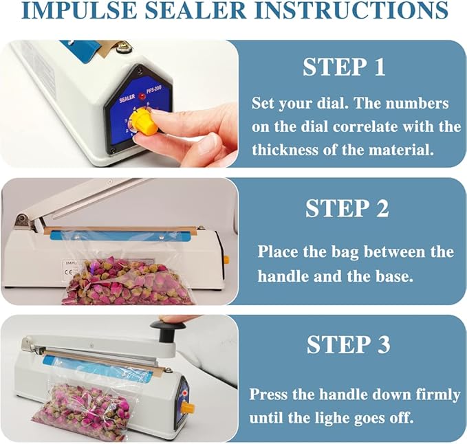Impulse Heat Sealer 8 inch Mylar Bag Sealer, Heat Sealer for Plastic Bags, Metal Iron Shell, Impulse Sealer 3mm Sealing, Manual Hot Seal Machine with 8 Repair Kits(Included 2 Cutter Lines)
