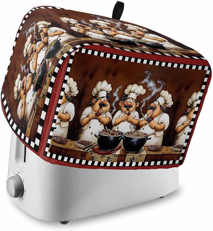Kitchen Fat Chef Toaster Cover 4 Slice, Vintage Cook Gourmet Dustproof Bakeware Oven Protector with Top Hook, Red Black Plaid Waterproof Small Kitchen Appliance Toasters Dust Cover, 12"x11"x8"