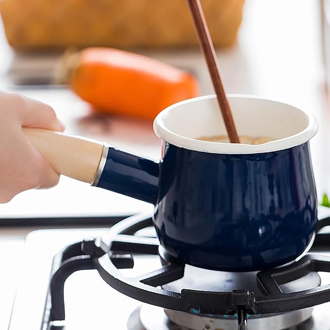 Enamel Milk Pot, Butter Warmer Non-stick Mini Saucepan, 4 Inch 17 Oz Small Cookware with Wooden Handle(Blue)