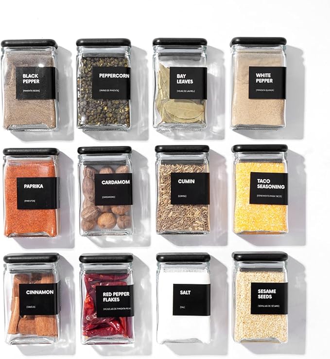 APT 1101 Glass Storage Jars with Bamboo Lid, glass canisters with airtight lids, Clear jars with lids for Spice, Cookie, Candy, Tea, Coffee Bean and Rice (Black, Spice Jar Set (4 oz, set of 12))