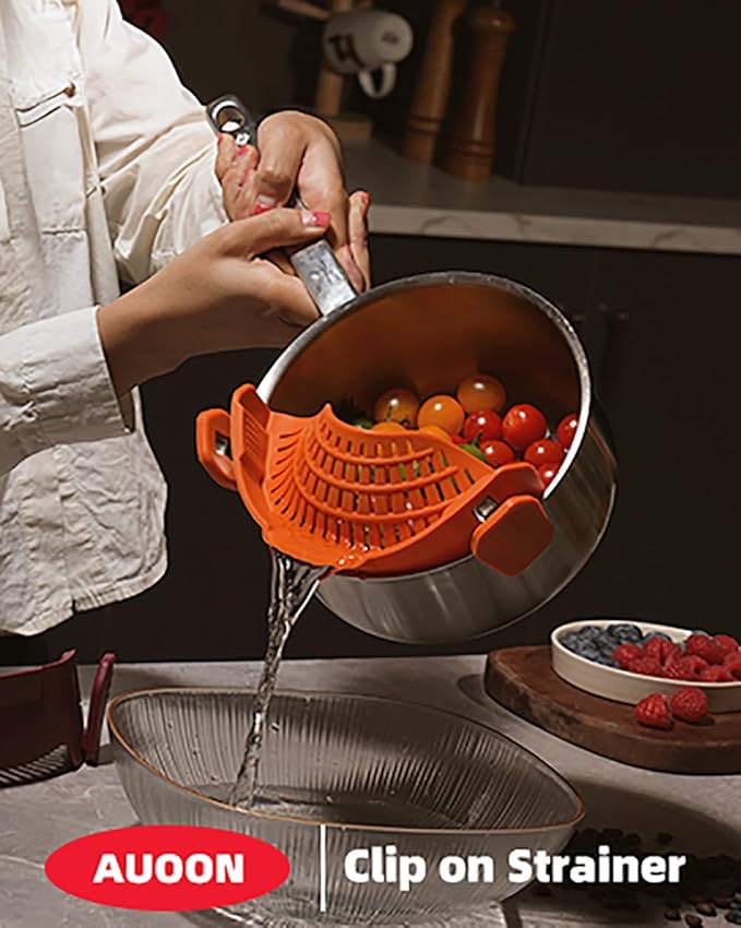 AUOON Oversized Pot Strainer Clip on Silicone - Family-Style Design Pasta Strainer Heat Resistant Kitchen Colander for Spaghetti and Noodles | Dishwasher Safe
