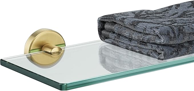 JQK Bathroom Glass Shelf Gold, Tempered Glass Shower Storage 14 by 5 inches, 304 Stainless Steel Brushed Gold Wall Mount, TGS101L14-BG