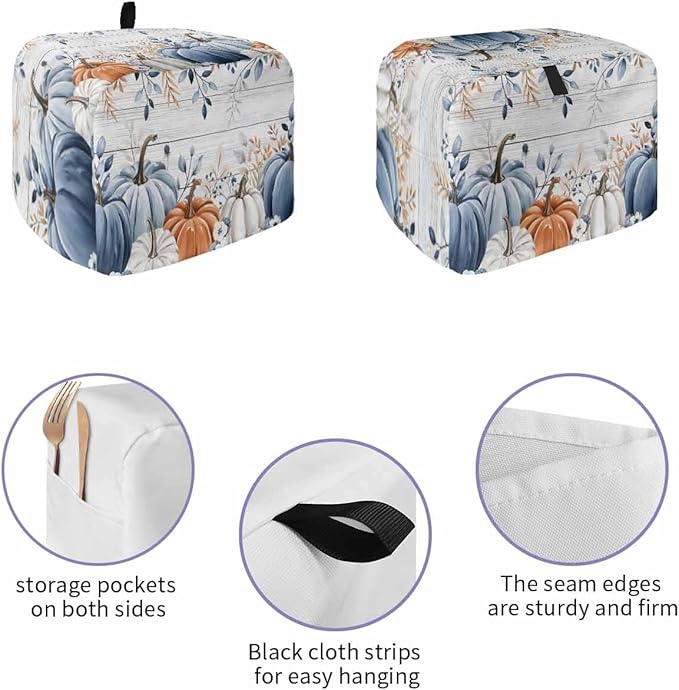 Blue Pumpkins Fall Toaster Cover 2 Slice, Thanksgiving Eucalyptus Leaves Dustproof Bakeware Oven Protector with Hook, Rustic Wooden Waterproof Small Kitchen Appliance Toasters Dust Cover, 12"x7.5"x8"