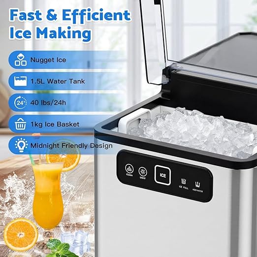Nugget Ice Maker Countertop,Pellet Ice Machine Chewable Ice 40Lbs/Day,Ready in 5 Mins, Self-Cleaning,Compact Crushed Ice Maker with Scoop for Home/Kitchen/Office, Stainless Steel
