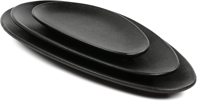 vicrays Large Oval Serving Platters, 16"/14"/10" Porcelain Serving Platters for Party, BBQ,Stackable Serving Trays Serving Plates for Appetizers, Sushi, Restaurant, Set of 3 (Black)`
