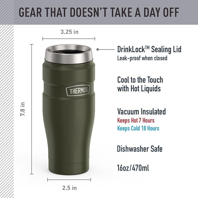 THERMOS Stainless King Vacuum-Insulated Stainless Steel Tumbler - 16oz, Army Green - Insulated Coffee Tumbler for Hot & Cold Drinks - Leak-Proof & Sweat-Proof for Commuting & Traveling