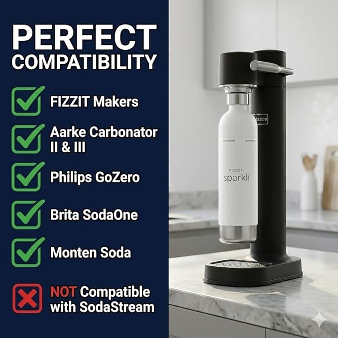 FIZZ IT Spärklí 1L Stainless Steel Carbonation Bottle 2-Pack – Reusable Sparkling Water Maker Accessory Dishwasher Safe Leakproof – Fits Aarke II & III, Philips & More – BPA-Free, Cup Holder Friendly