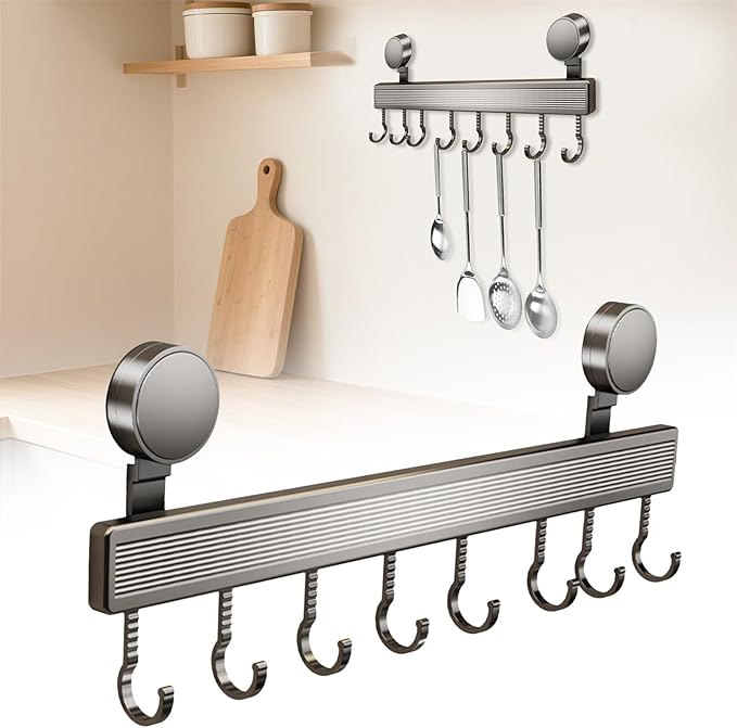 Kitchen Utensil Hooks with Suction Cup, Removable, Aluminum, 40 cm, 8 Hooks, No-Drill, Waterproof, 20 kg Capacity