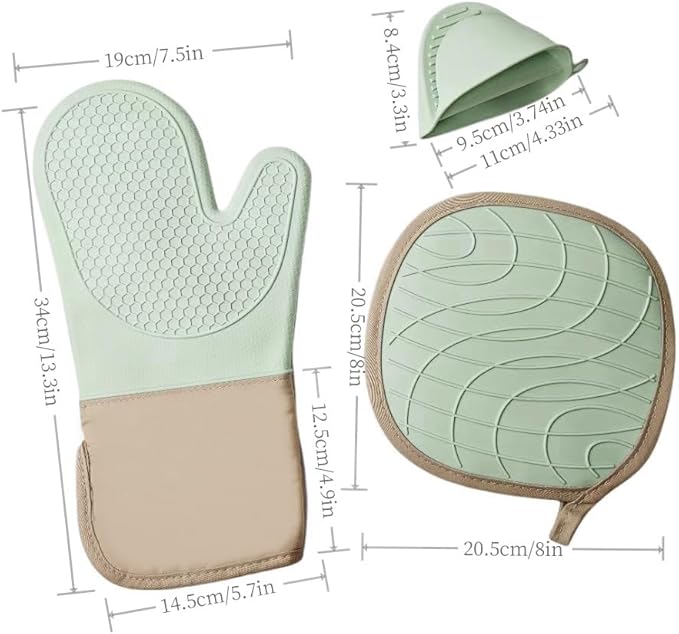 6-Piece Silicone Oven Mitts Set, Heat Resistant Kitchen Gloves with Soft Cotton Lining, Pot Holders & Mini Mitts for Cooking, Baking, BBQ – Light Green