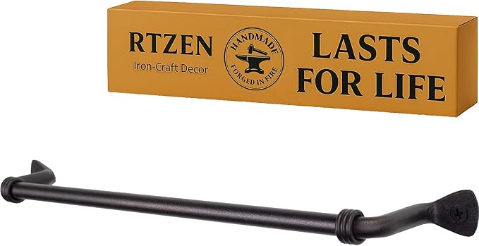 RTZEN Matte Black Hand Towel Holder for Bathroom - Handcrafted Farmhouse Wrought Iron Metal Kitchen Bar - Small Hand Towel Bar Hanger for Home or Office - Wall Mounted Rack Fits 10" Towels