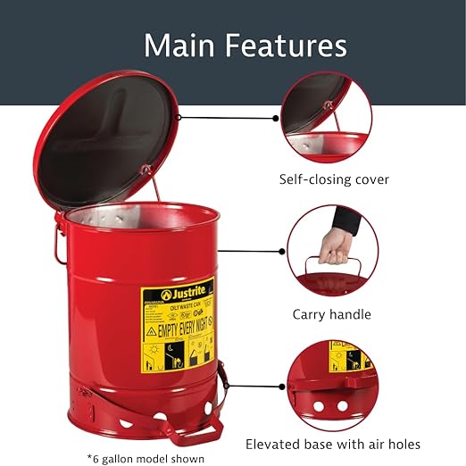 Justrite 14 Gallon Galvanized Steel Oily Waste Can, 20" x 16" Metal Oil Rag Safety Can with Foot Operated Self-Closing Lid for Oil Rag Disposal, Made in The USA, Red, 09500