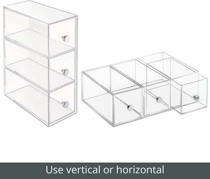 mDesign Plastic Stackable Desktop Organizer Tower Storage Station with 3 Drawers for Home Office - Holds Pens, Sticky Notes, Binder Clips, Notepads, or Gel Pens - Lumiere Collection - 2 Pack - Clear