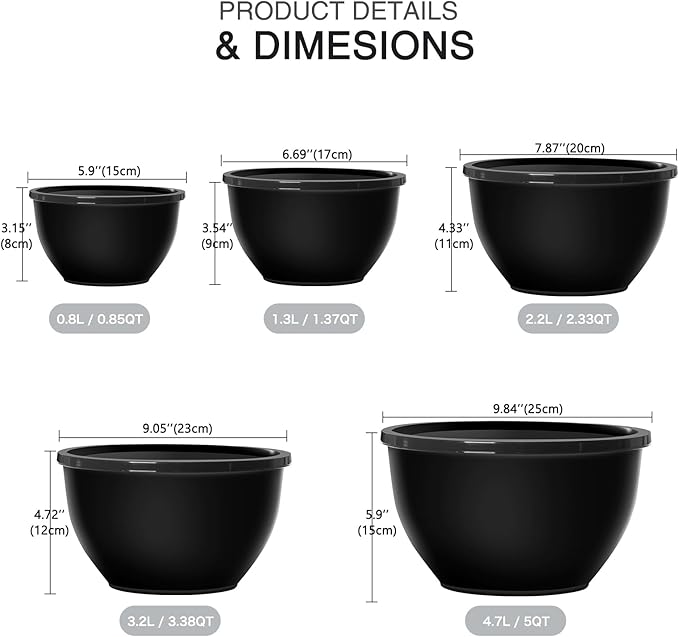Greentainer Plastic Mixing Bowls with Lids Set for Kitchen, 5 Set Nesting Bowls for Mixing, Baking, Prepping, Cooking and Serving Food, Mixing Bowls Dishwasher, Microwave Safe