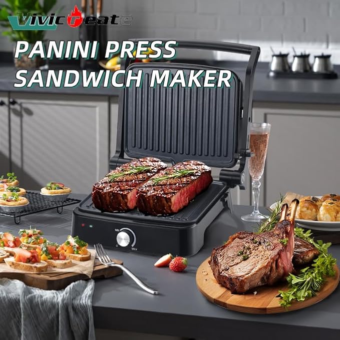 Vivicreate Panini Press Grill 1500W Sandwich Maker with Removable Nonstick Plates Adjustable Temperature 180 Degree Opening Indoor Electric Grill for Panini Sandwich Steak Burgers Breakfast (1 Knob)