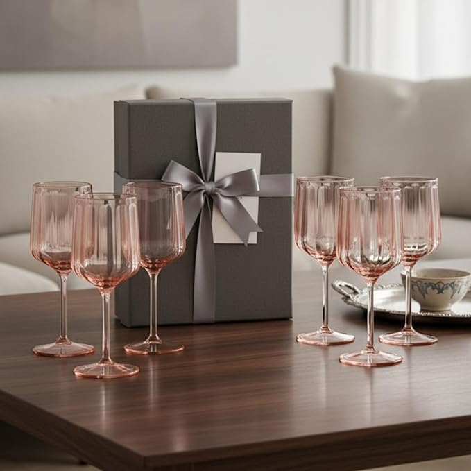 Khen Acrylic Lucia Stemmed Goblets - Unbreakable Wine Glasses Reusable Drinking Cups Dishwasher Safe Elegant Stemware for Cocktail Champagne | Kitchen Bar Party | Set of 6 |14oz | Pink