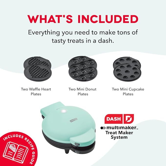 Dash MultiMaker® Treat Maker System - Make Mini Donuts, Cupcakes & Heart-Shaped Waffles - Interchangeable Plate Design - dishwasher safe Parts for Easy Cleanup - Aqua