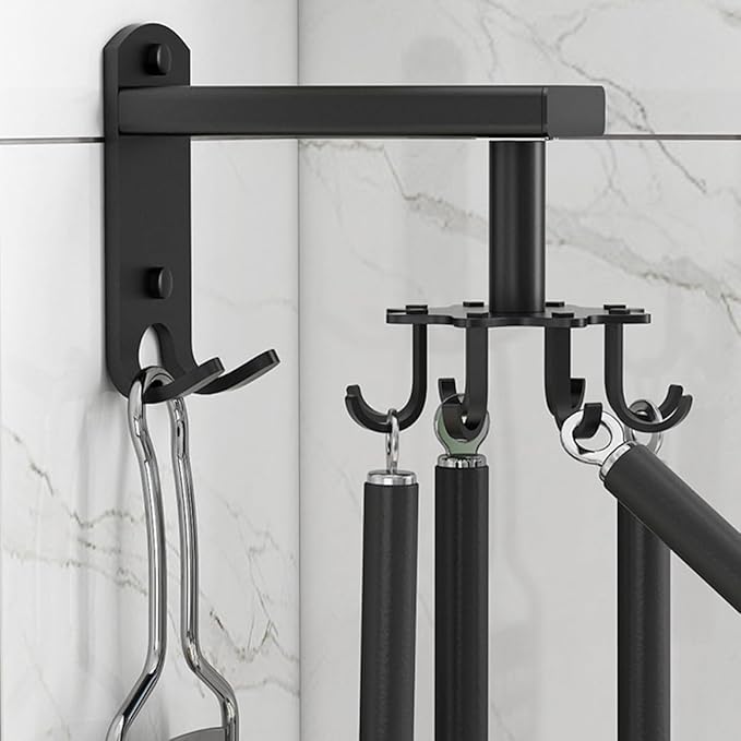 FRCOLOR Rotatable 8-Claw Kitchen Utensil Hooks Black Thickened Space Aluminum Alloy Swivel Wall Mount Organizer for Hanging Cooking Tools and Measuring Cups