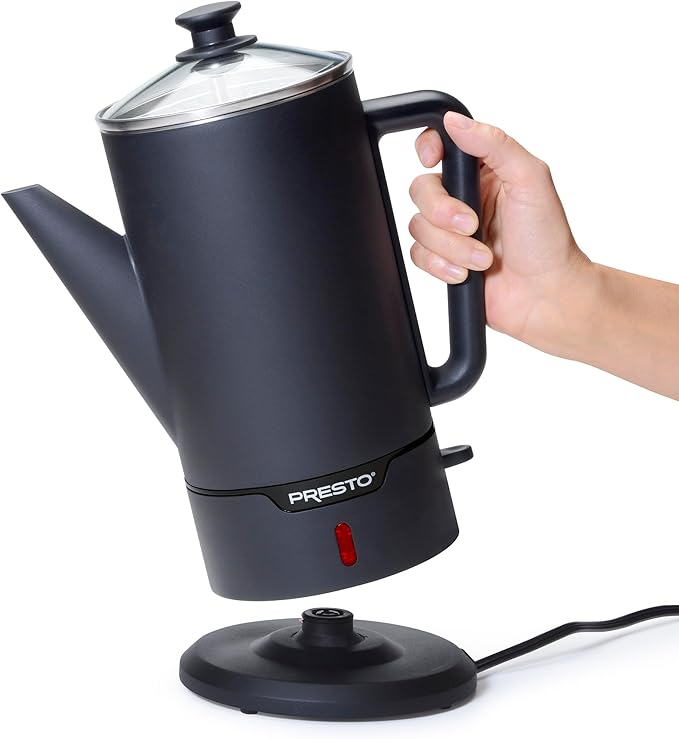 Presto 02815 12-Cup Cordless Coffee Percolator - Stainless Steel, Modern Design, Easy Pour Spout, Stay-Cool Handle, Matte-Black