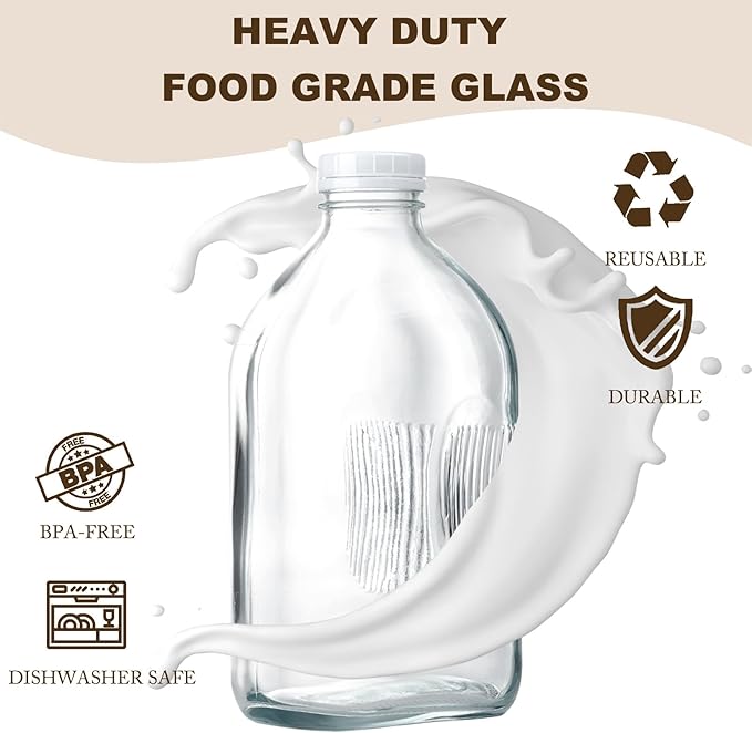 FyndraX Glass Milk Jugs Containers - Half Gallon Juice Bottles with Airtight Screw Cap and Handle for Milk, Breastmilk, Iced Tea, Cold Water, 64OZ Pitcher Set of 3