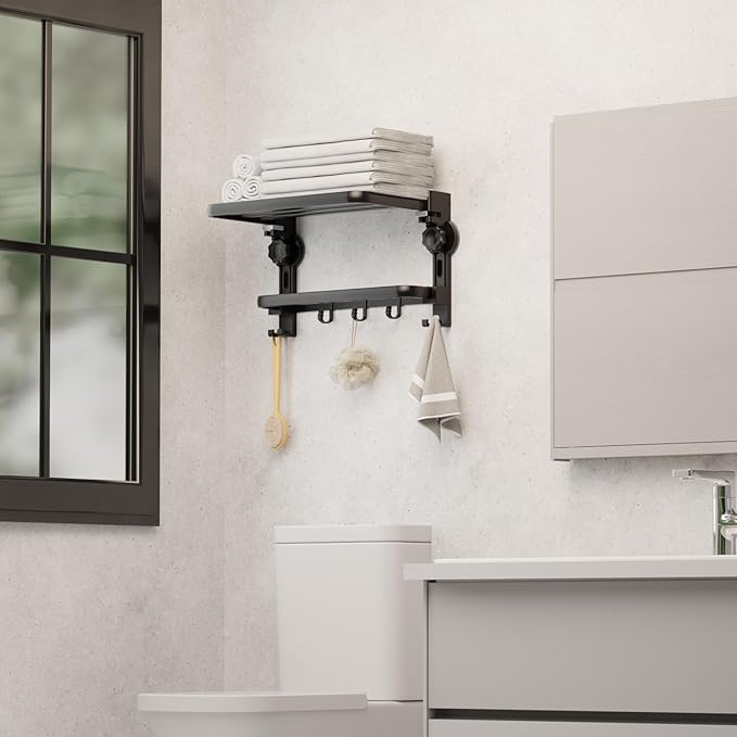 Towel Rack with Towel Bar Holder Suction Cup Foldable Towel Shelf No Drill with 7 Hooks Rustproof Towel Storage Wall Mount for Bathroom Lavatory Matte Blackish Gray16 Inch