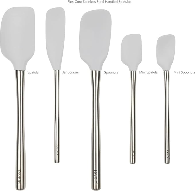 Tovolo Stainless Steel Handled Silicone Spatula Set of 5 Oyster Gray, Dishwasher Safe Kitchen Spatula Set for Cooking Baking, Non Toxic BPA Free Silicone Spatula set with Metal Steel Handle