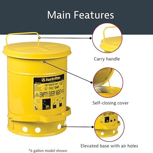 Justrite 21 Gallon Galvanized Steel Oily Waste Can, 23.5" x 18" Metal Oil Rag Safety Can with Foot Operated Self-Closing Lid for Oil Rag Disposal, Made in The USA, Yellow, 09701