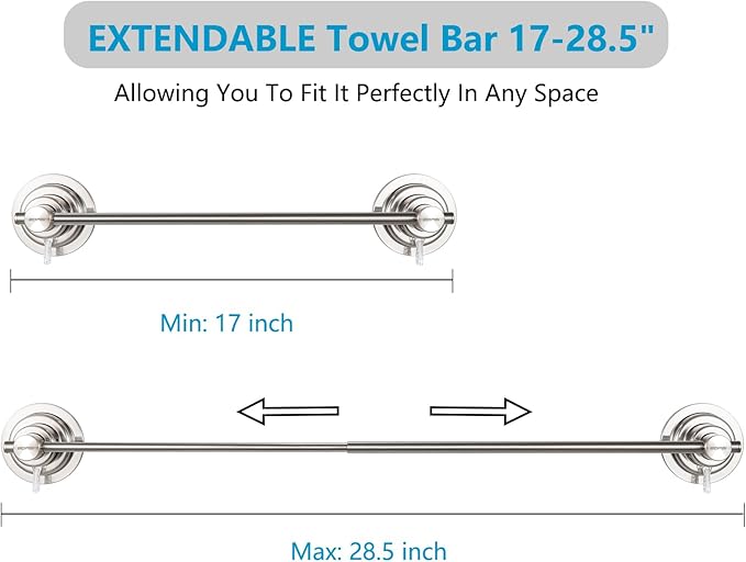 BOPai Extendable Suction Cup Towel Bar 17-28.5", Removeable Shower Door Mat Rod, Brushed Nickel