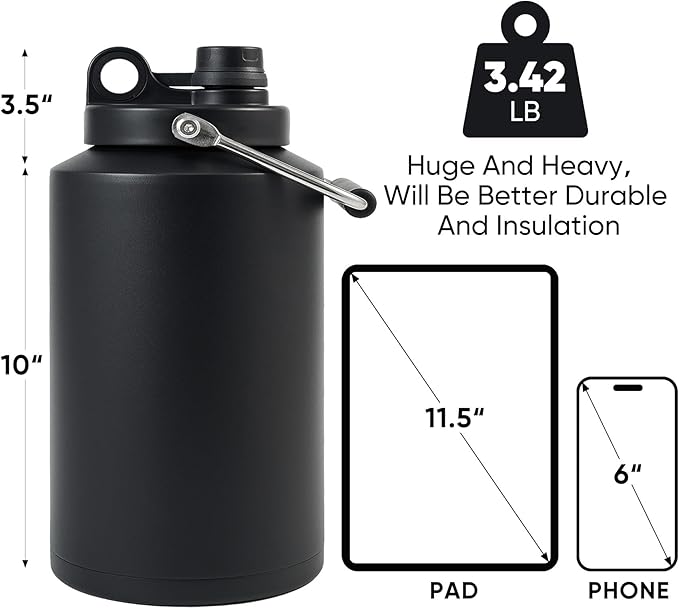 Kerilyn Insulated Gallon Jug with Handle, One Gallon, 128oz Stainless Steel, Large Double Vacuum Water Bottle for Hot & Cold Drinks, Wide Mouth, Sweat Proof, Great for Travel, Camping, Black