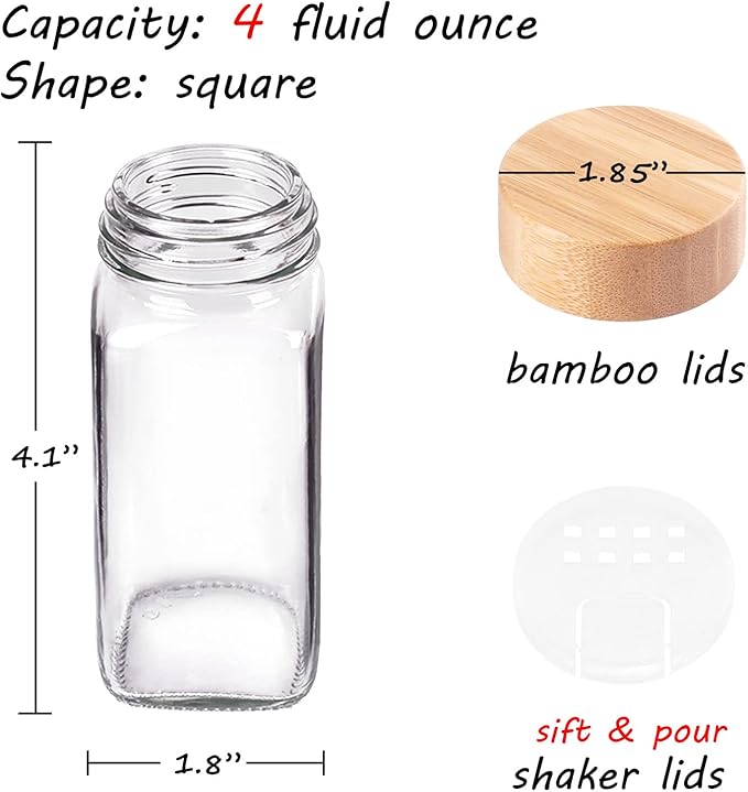 Churboro 24 Spice Jars with Labels & Bamboo Lids - 4 Oz Glass Containers with Shaker Lids, 547 Spice Labels of 3 Different Types Seasoning Jars for Spice Rack, Cabinet, or Drawer