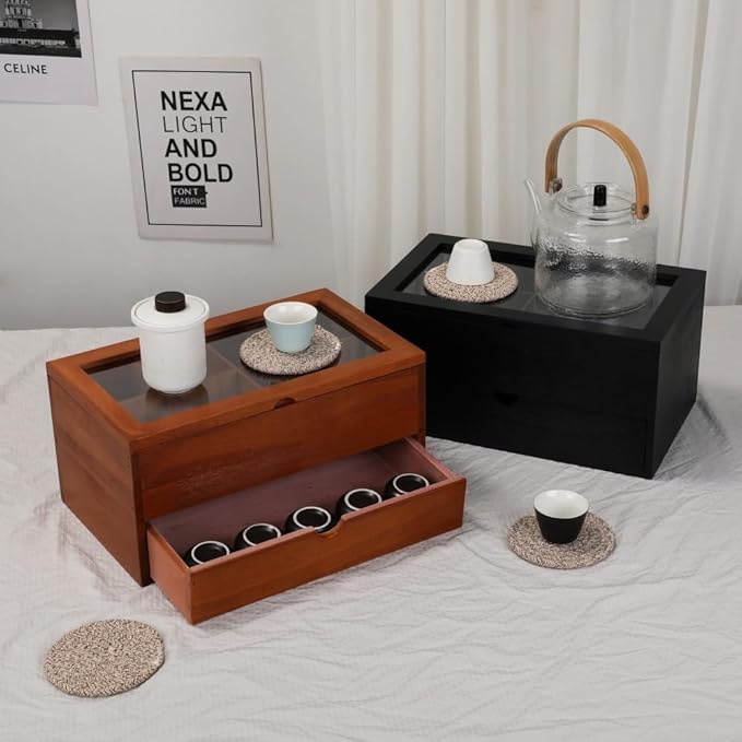 Tea Bag organizer Storage Box with Drawer Tea Organizers with Clear Acrylic Window Wooden Tea Box for Countertop with 8 Compartments Teabag Holder with 4 Cotton Woven Coasters（WBrown02）