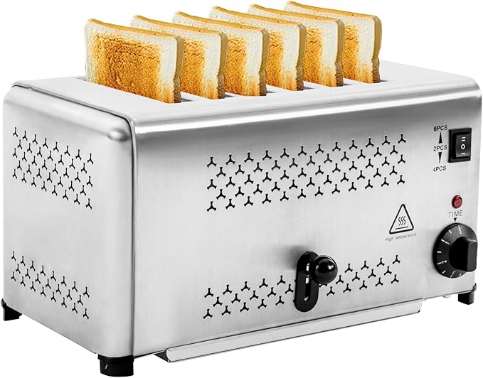 Stainless Steel 6 Slice Toaster, Electric Bread Baking Machine Commercial Toaster with Crumb Tray and Timer Bread Toasters for Home Kitchen Restaurant Bakery (3 Modes/1650W)