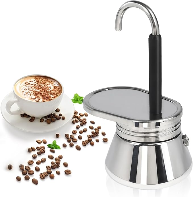 Uncoated 4 Cup Single Tube Moka Pot 304 Thickened Stainless Steel Mini Coffee Maker Stovetop Espresso Coffeemaker Italian Classic Style Brewing Greca Cafe Mocha for Camping Travel Home 310ml