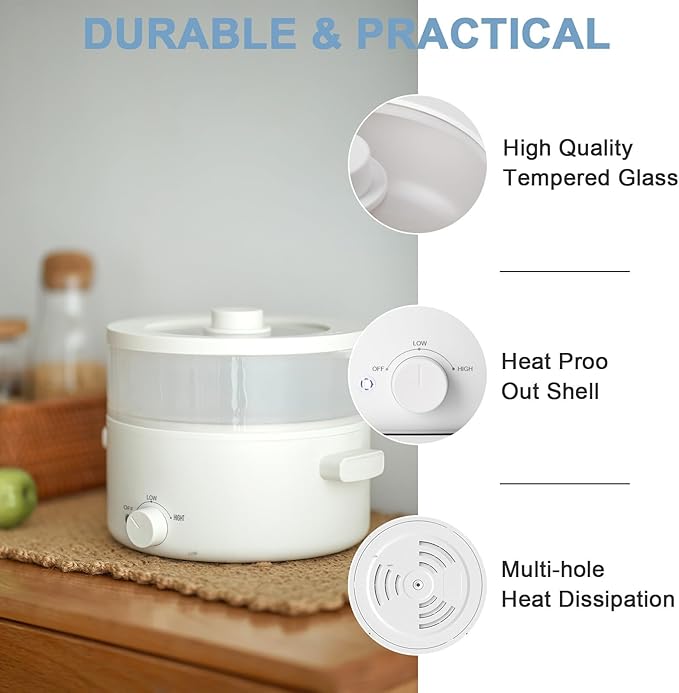 Electric Steamer for Cooking, 2L Ceramic Glaze Non-stick Pot, Dual Power Multi-functional Electric Cooker, Suitable for Steak, Pasta, Hot Pot, Ramen, Quick Heating and Overheat