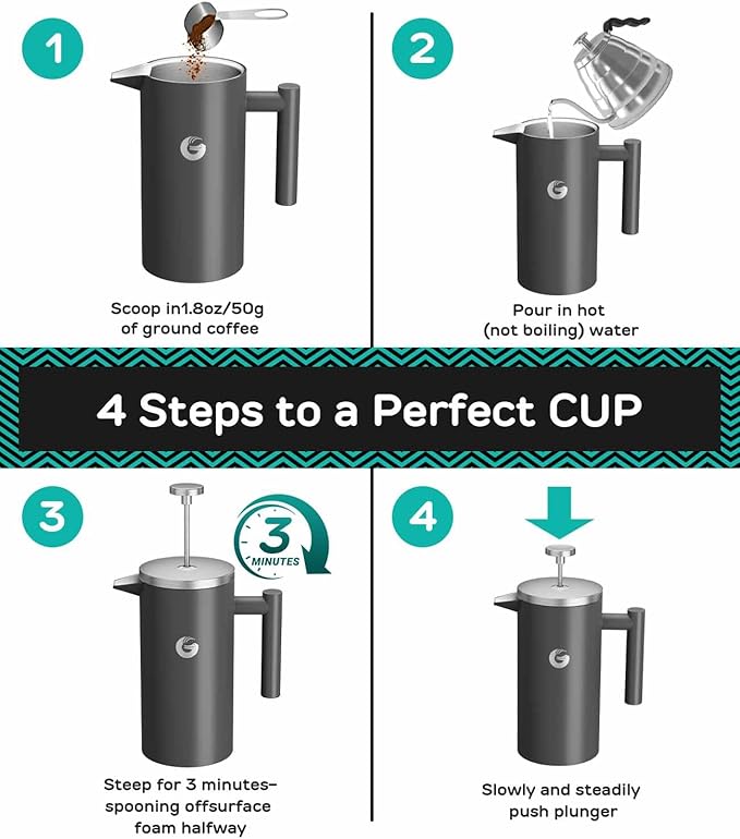 Coffee Gator French Press 34oz Gray and Gooseneck Kettle 40oz Stainless Steel for Pour Over
