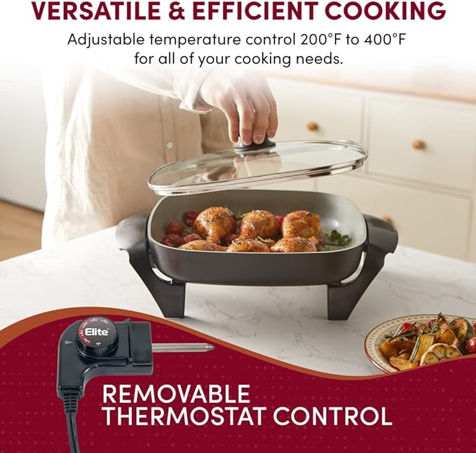 Elite Gourmet 12"x12"x2.15” Ceralast™ PFAS Free Ceramic Electric Skillet, Dishwasher Safe, Rapid Heat Up, 1200W, Dark Grey