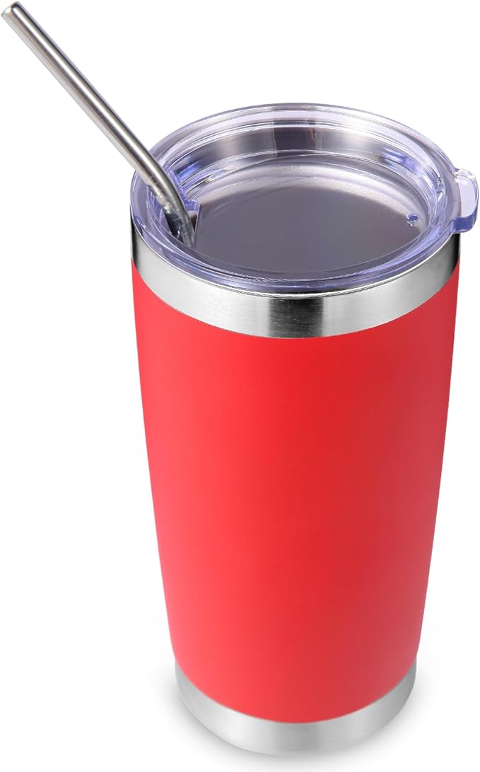 Volhoply 20oz Stainless Steel Tumbler with Lid and Straw,Double Wall Insulated Travel Iced Coffee Mug Fits Car Cup Holder,Powder Coated Cups for Hot and Cold Drinks,Gifts for Women Men（Red,1 Set）