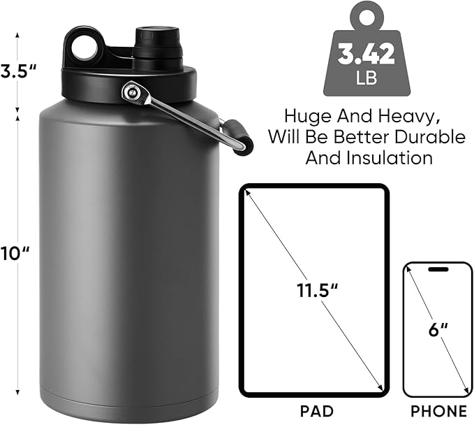 Kerilyn Insulated Gallon Jug with Handle, One Gallon, 128oz Stainless Steel, Large Double Vacuum Water Bottle for Hot & Cold Drinks, Wide Mouth, Sweat Proof, Great for Travel, Camping, Dark Grey