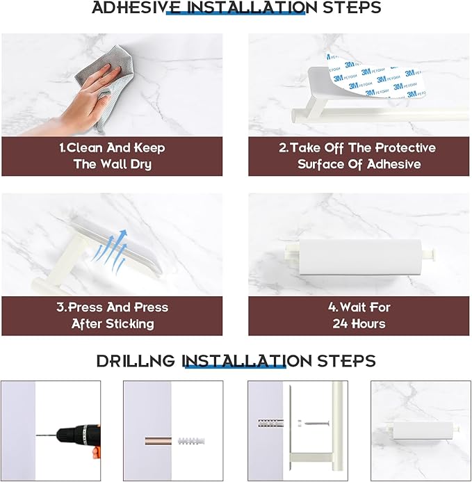 ASTOFLI Paper Towel Holder Under Cabinet No Drilling, Self Adhesive Paper Towel Holder Wall Mount for Kitchen Rack, Under Counter Napin Holder No Drill, RV, 304 Stainless Steel, White